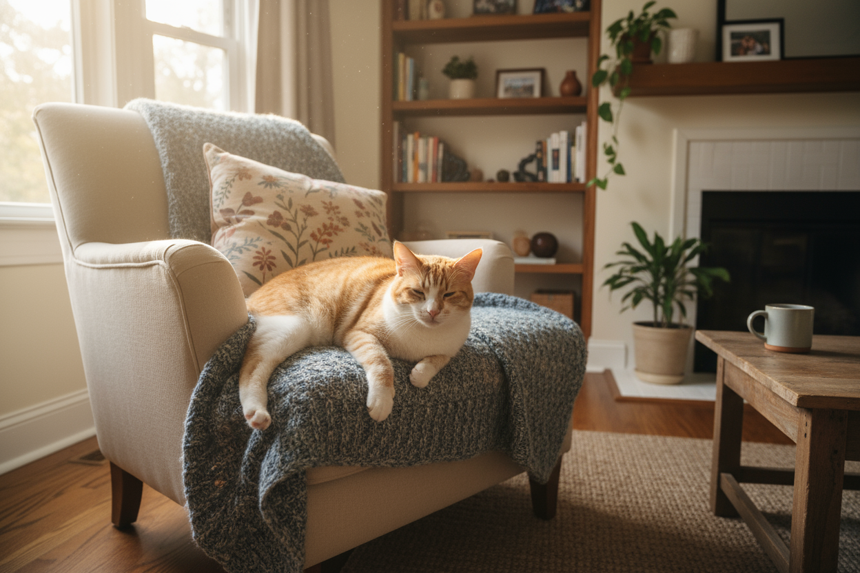 can you generate a cat relaxing inside house